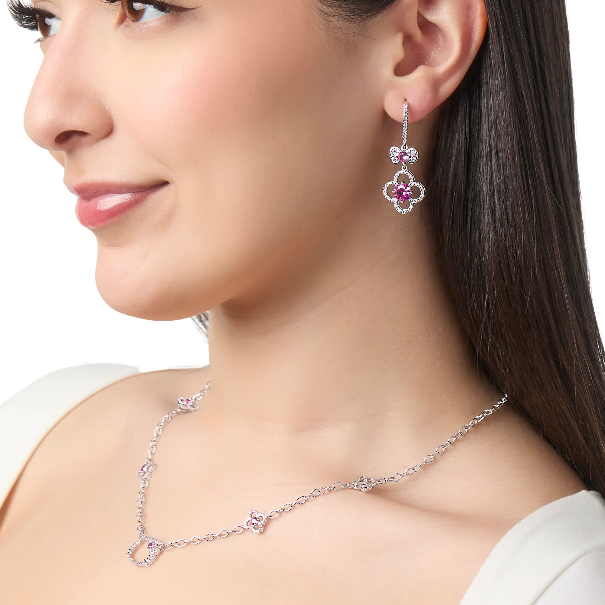 Hello Kitty 18" Quatrefoil Sterling Silver Drop Necklace (Pink & White Sapphire) - Image 4
