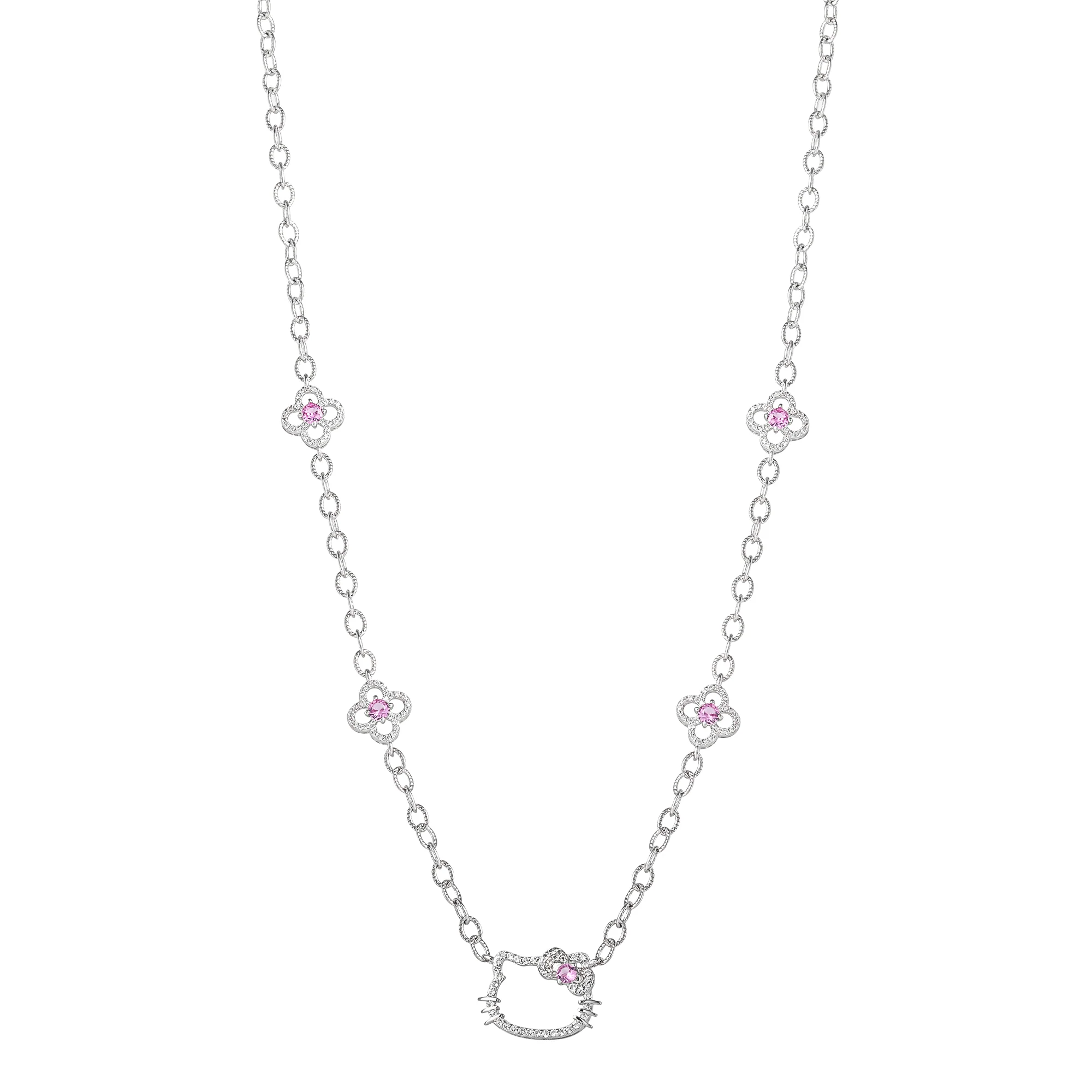 Hello Kitty 18" Quatrefoil Sterling Silver Drop Necklace (Pink & White Sapphire) - Image 6