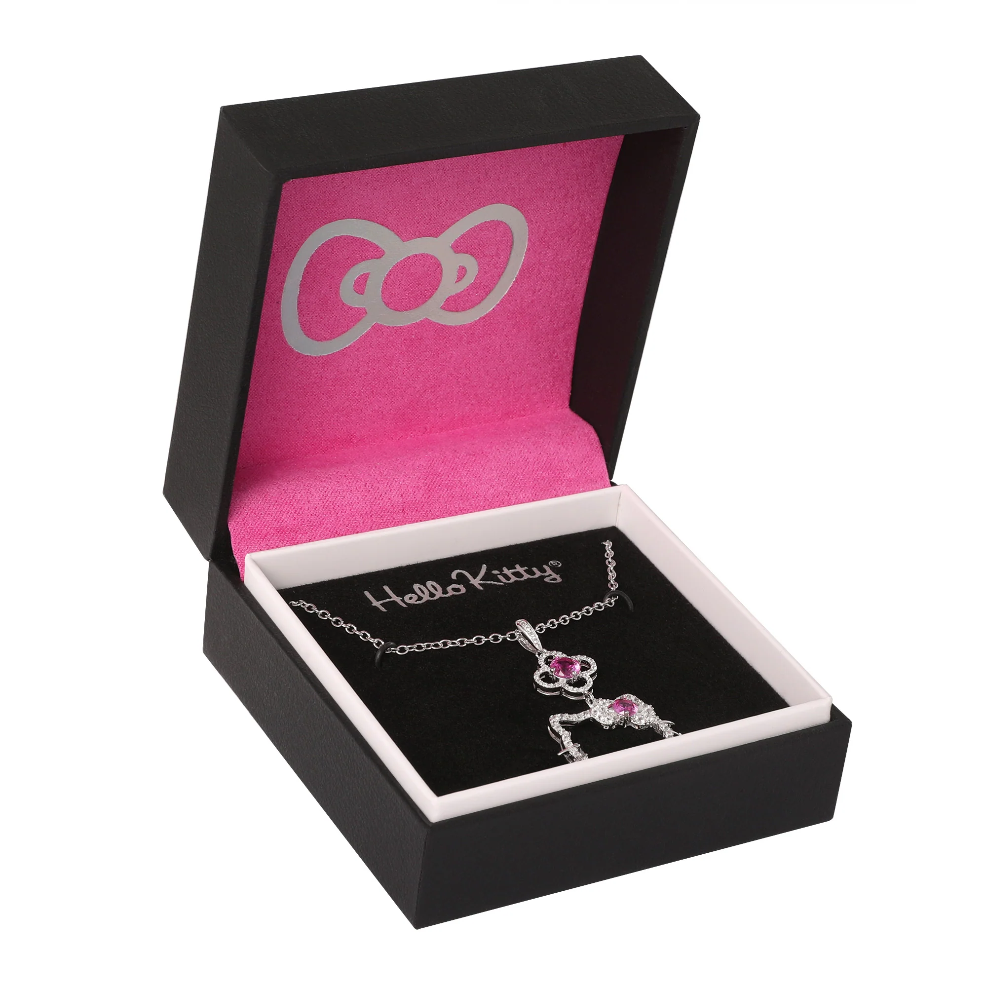 Hello Kitty 18" Quatrefoil Sterling Silver Pendant Necklace (Pink & White Sapphire) - Image 3
