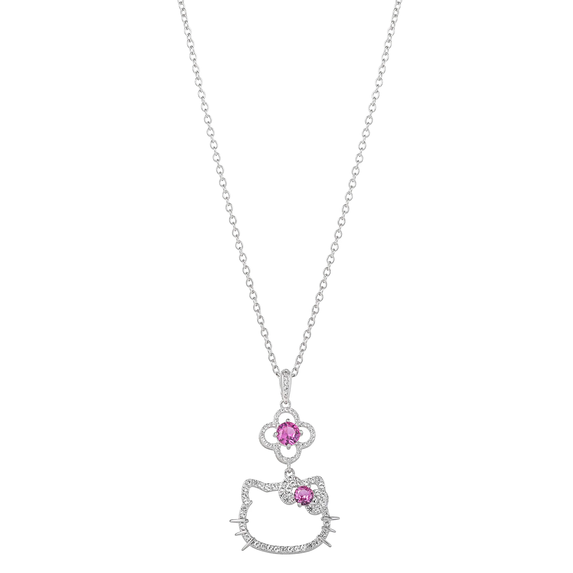 Hello Kitty 18" Quatrefoil Sterling Silver Pendant Necklace (Pink & White Sapphire) - Image 5