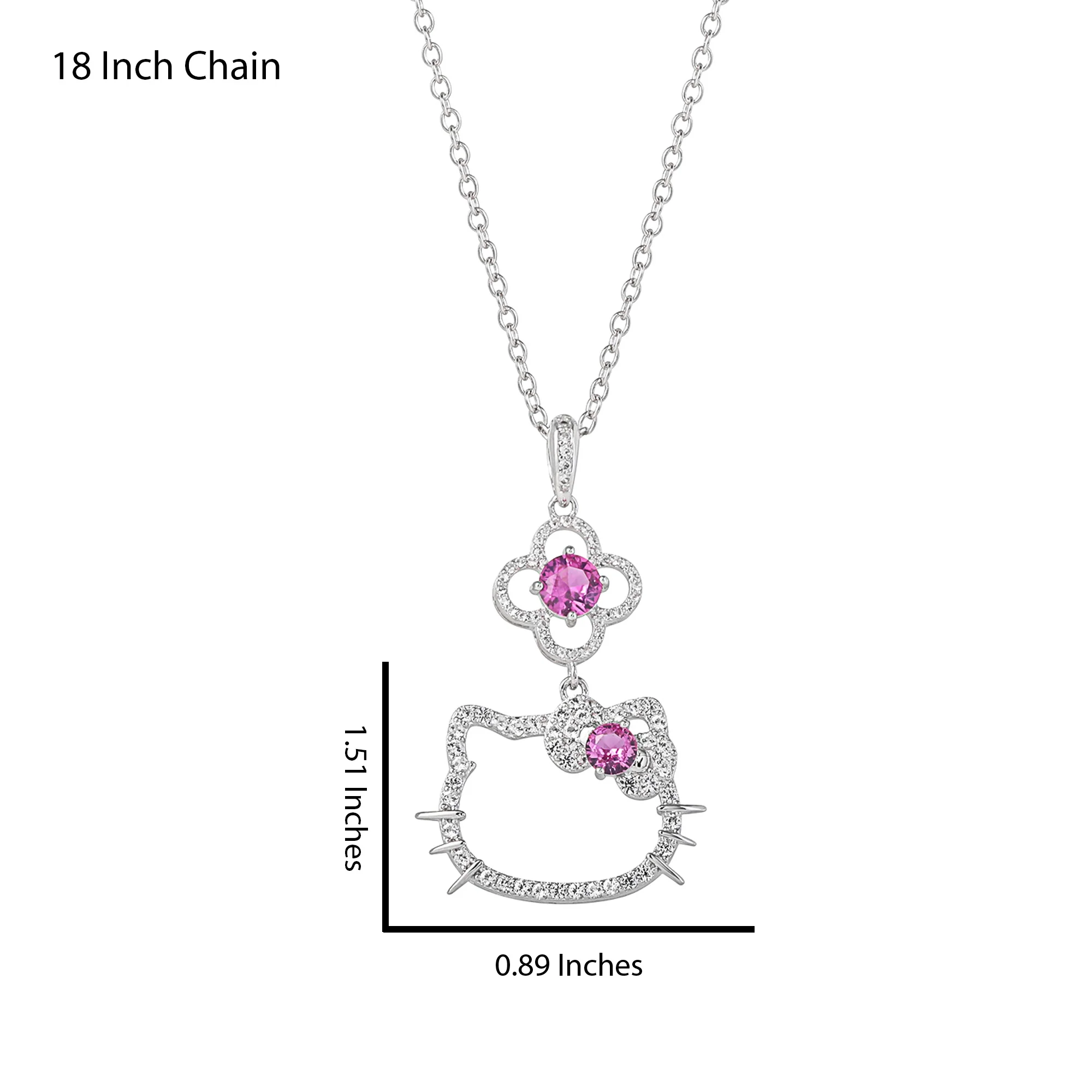 Hello Kitty 18" Quatrefoil Sterling Silver Pendant Necklace (Pink & White Sapphire) - Image 6