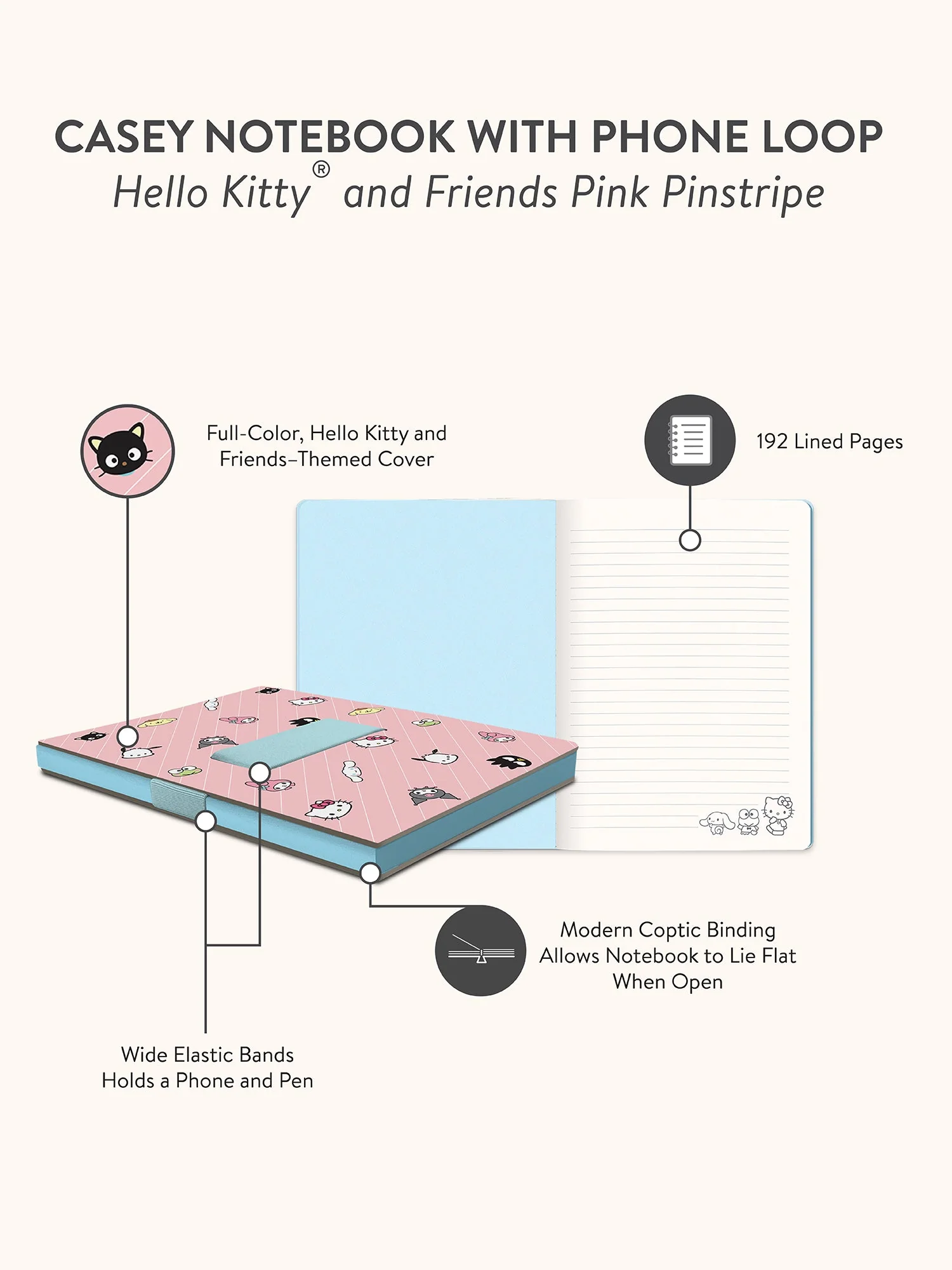Hello Kitty and Friends x Studio Oh! Pink Pinstripe Casey Notebook with Phone Loop - Image 9
