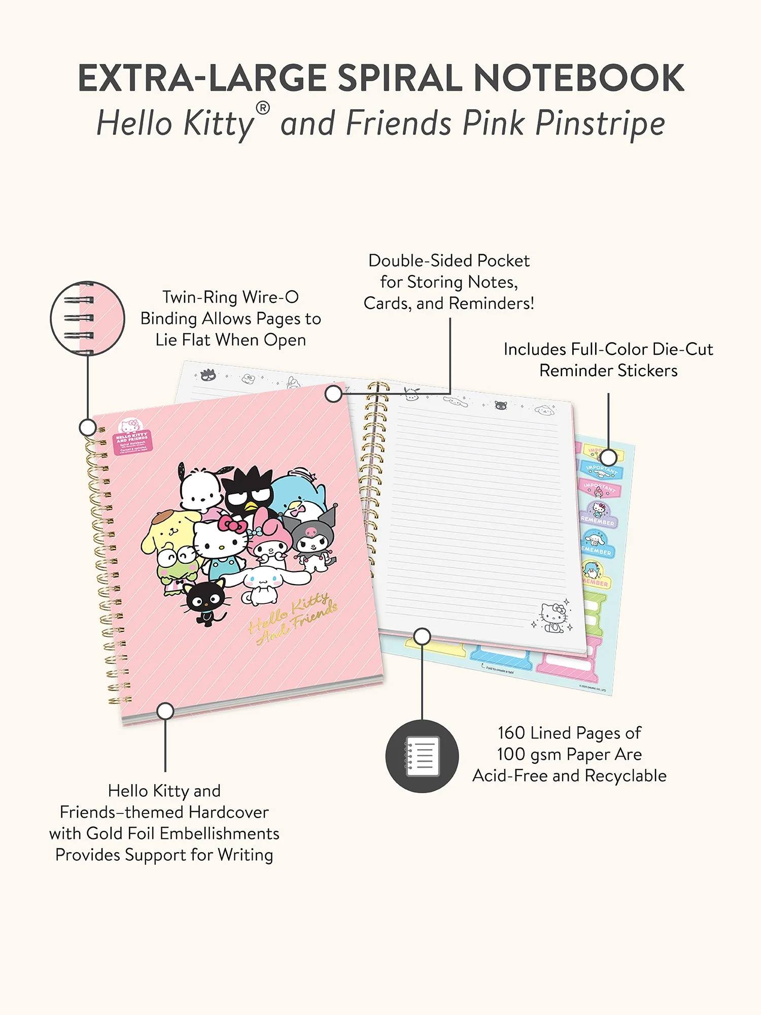 Hello Kitty and Friends x Studio Oh! Pink Pinstripe Extra-Large Spiral Notebook - Image 8
