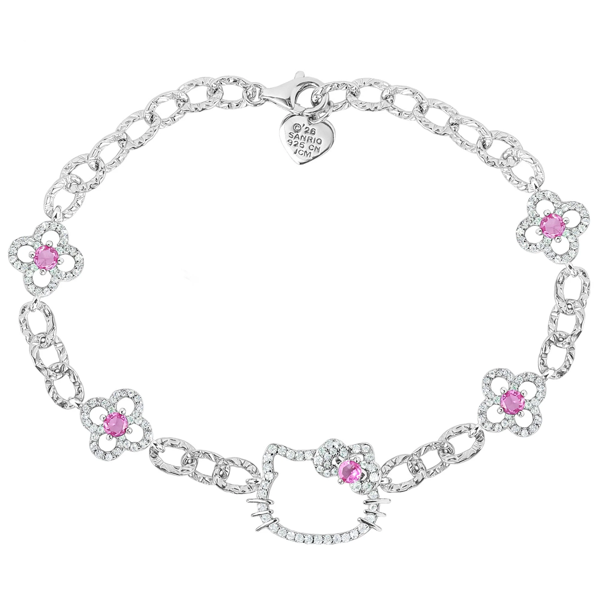 Hello Kitty Quatrefoil Sterling Silver Bracelet (Pink & White Sapphire) - Image 6