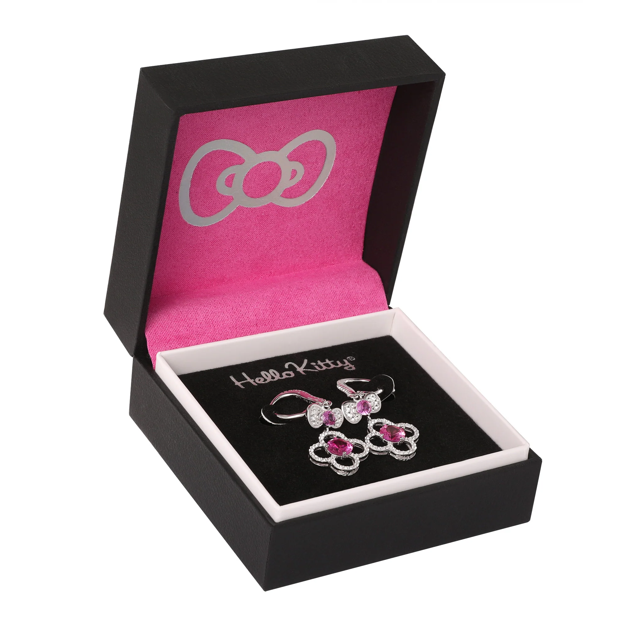 Hello Kitty Quatrefoil Sterling Silver Drop Earrings (Pink & White Sapphire) - Image 2