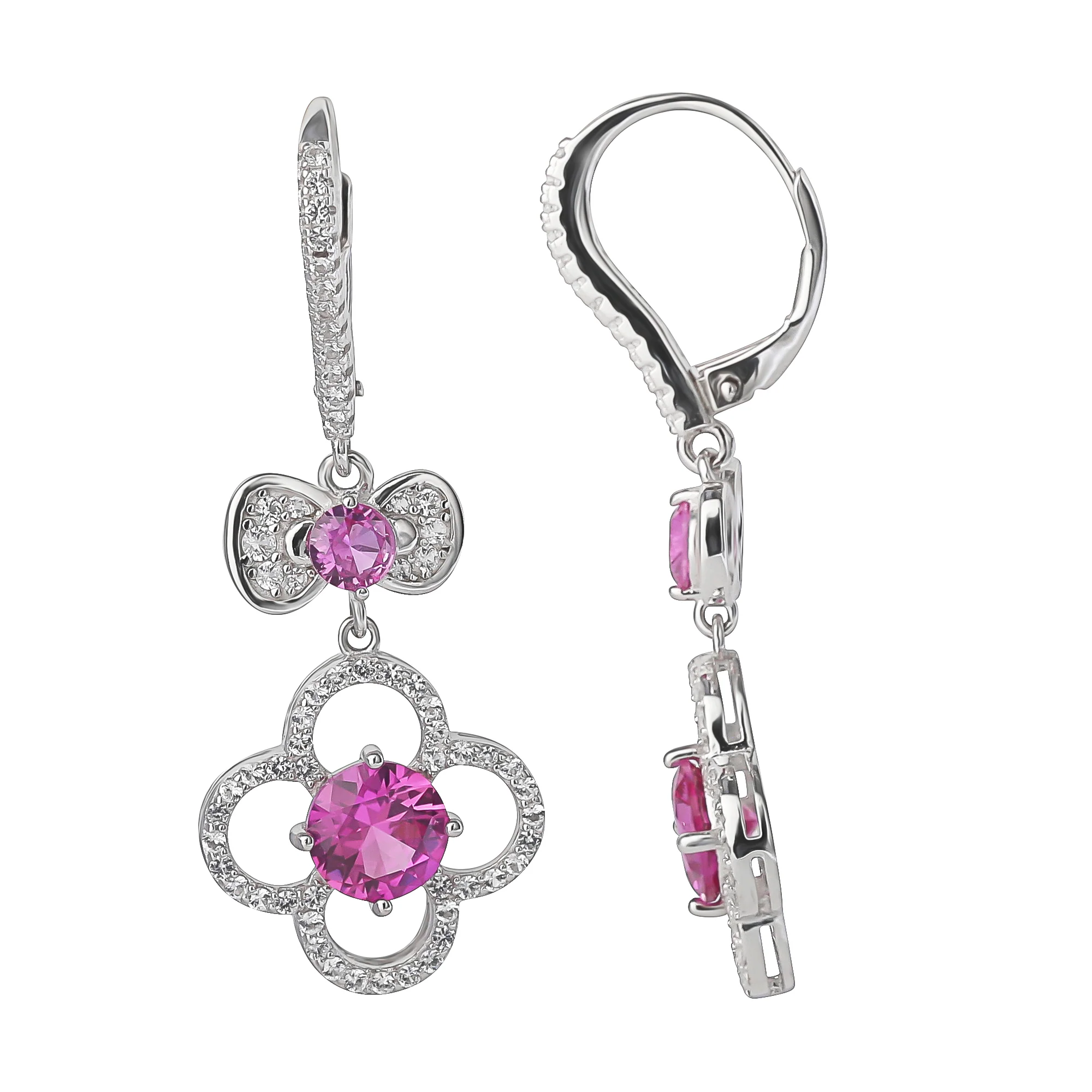 Hello Kitty Quatrefoil Sterling Silver Drop Earrings (Pink & White Sapphire) - Image 3