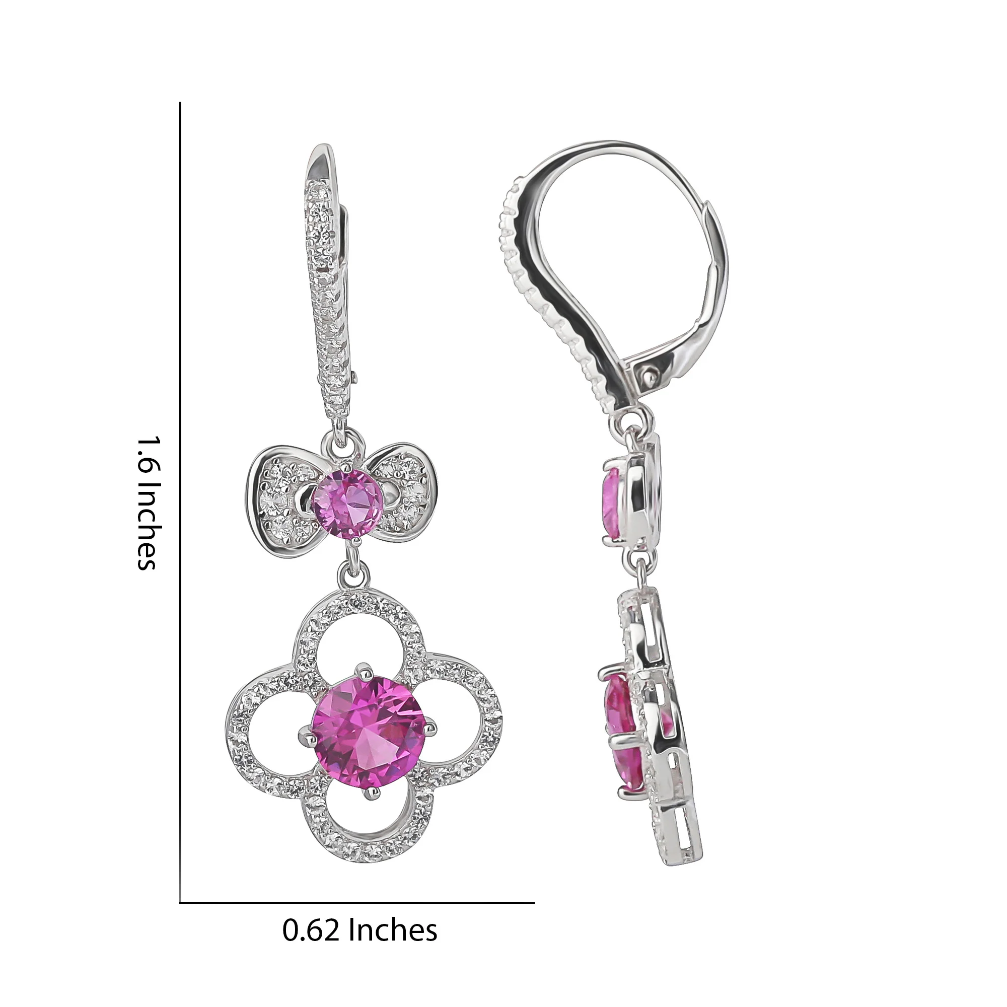 Hello Kitty Quatrefoil Sterling Silver Drop Earrings (Pink & White Sapphire) - Image 4