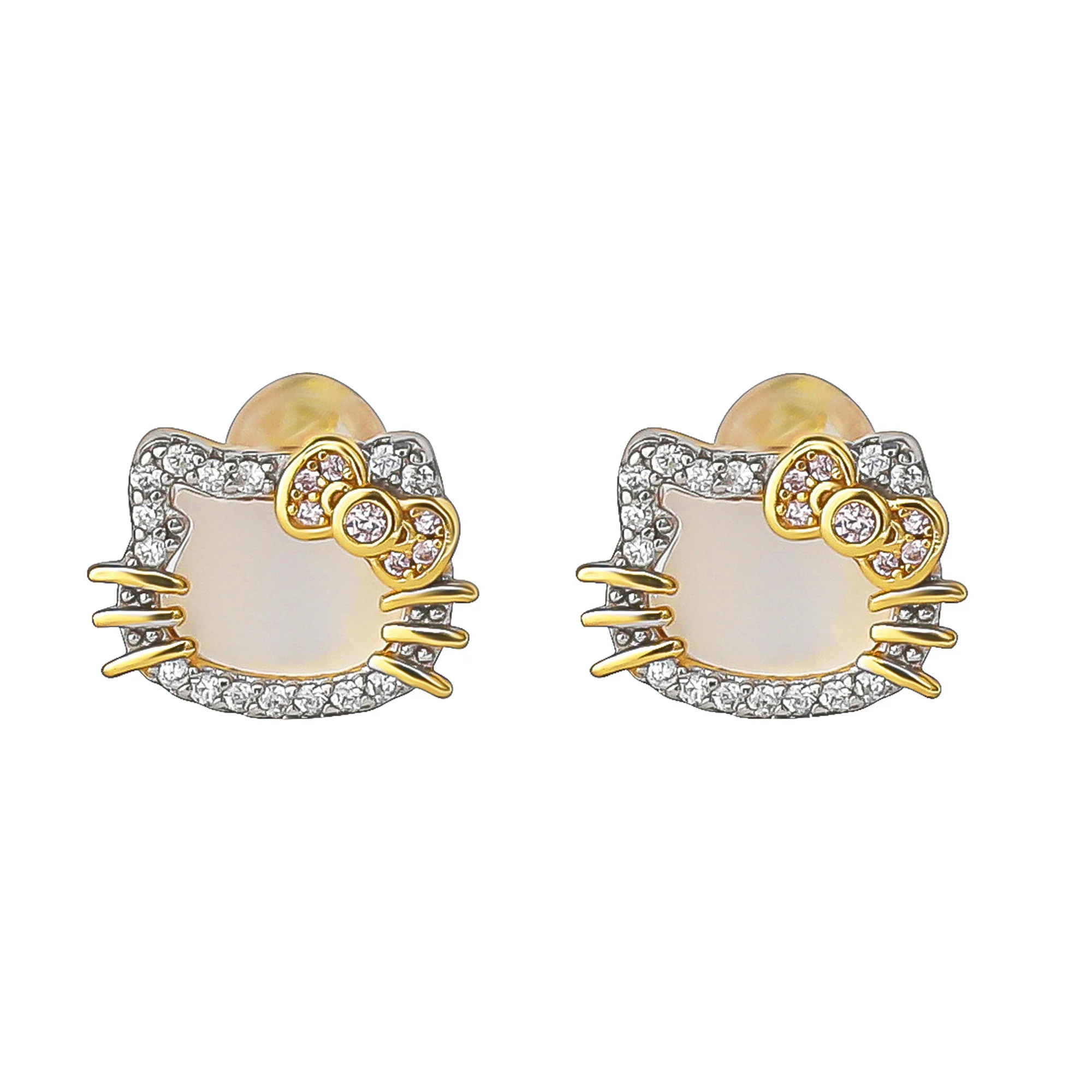 Hello Kitty Two-Tone Gold Plated Stud Earrings (Diamond & Mother of Pearl)