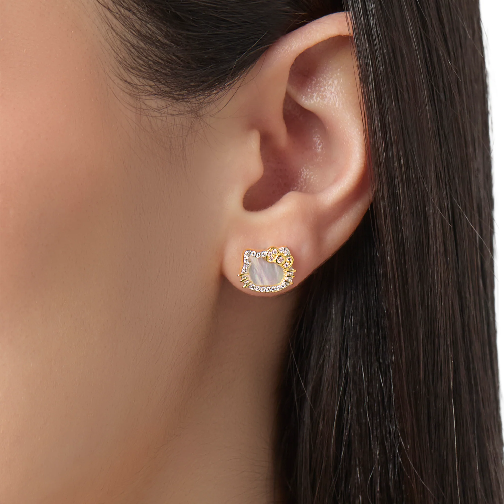 Hello Kitty Two-Tone Gold Plated Stud Earrings (Diamond & Mother of Pearl) - Image 2