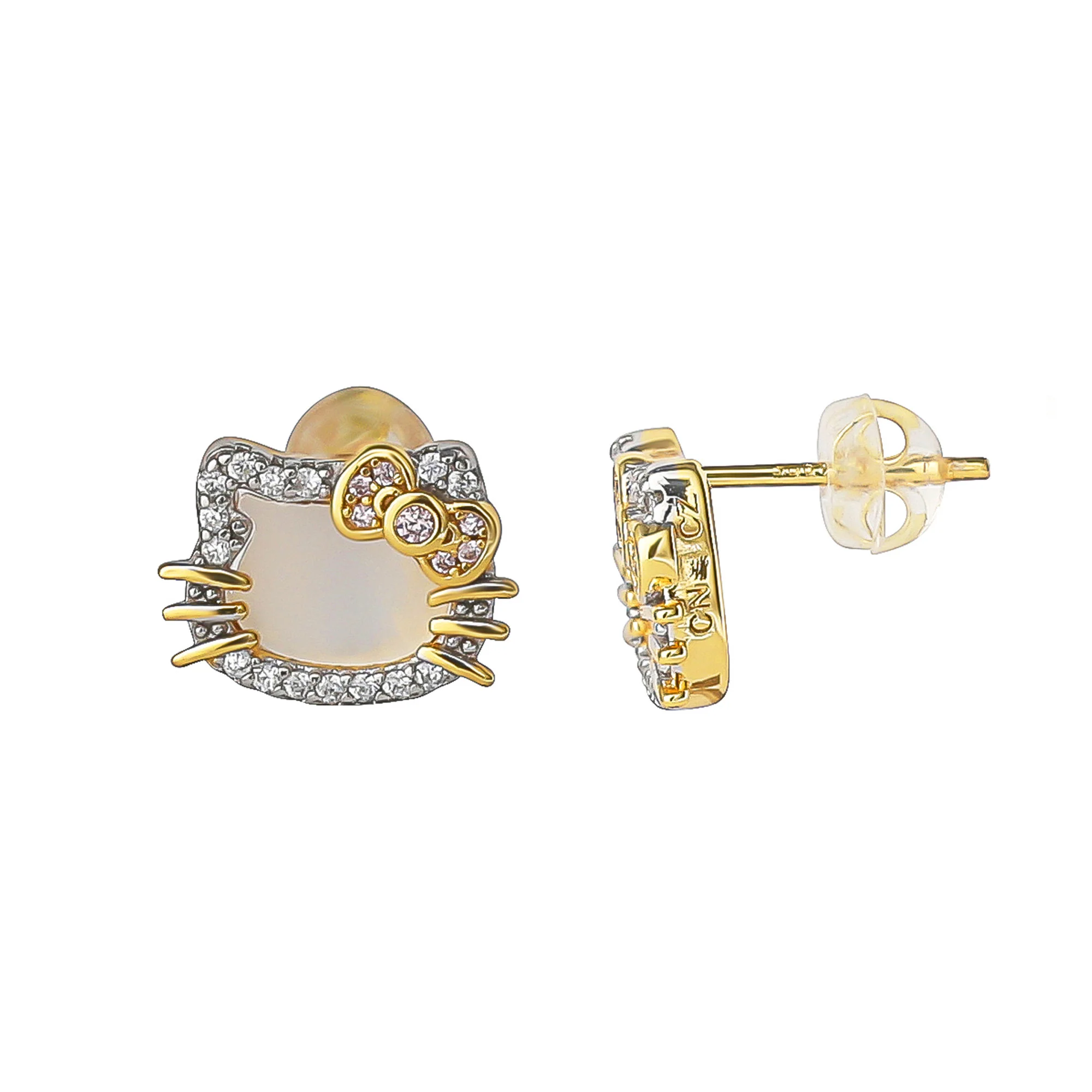 Hello Kitty Two-Tone Gold Plated Stud Earrings (Diamond & Mother of Pearl) - Image 4