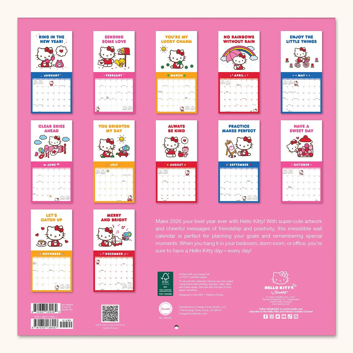 Hello Kitty x Studio Oh! 2026 Playful Pink Wall Calendar - Image 6